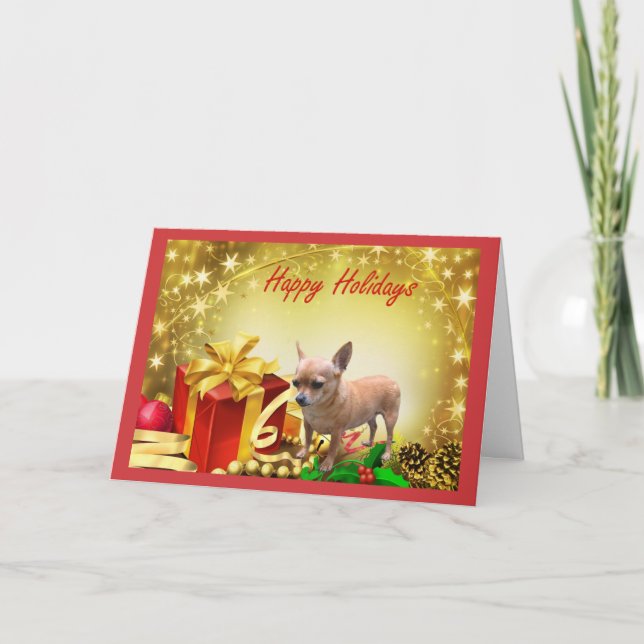 Tarjeta Festiva Navidades de Chihuahua con regalo de vacaciones (Anverso)