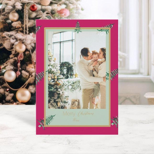 Tarjeta Festiva Navidades de Chinoiserie Pagoda verde roja 2-Foto (Chinoiserie Christmas Green red Pagoda 2-Photo Holiday Card)