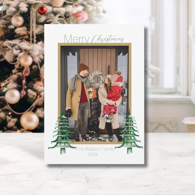 Tarjeta Festiva Navidades de Chinoiserie Sage Green Pagoda 1-Foto (Chinoiserie Christmas Sage Green Pagoda 1-Photo Holiday Card)