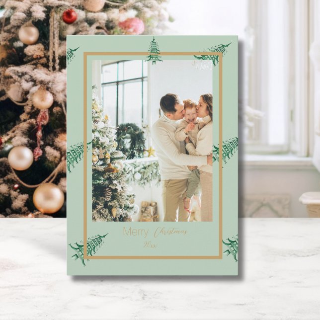 Tarjeta Festiva Navidades de Chinoiserie Sage Green Pagoda 2-Foto (Chinoiserie Christmas Sage Green Pagoda 2-Photo Holiday Card)