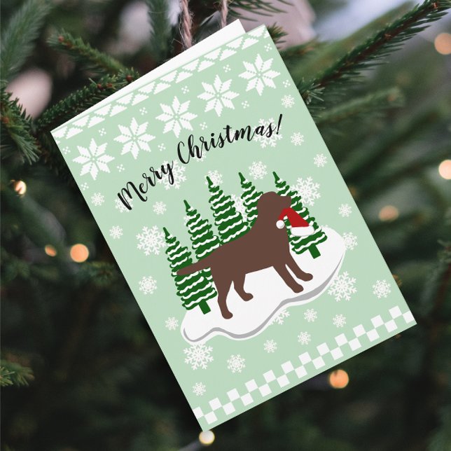 Tarjeta Festiva Navidades de chocolate Labrador copos de nieve eve (Chocolate Labrador Evergreen Snowflakes Design Christmas Cards for Labrador Owners.  Silhouette.)