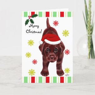 Tarjeta Festiva Navidades de chocolate Labrador Puppy y Santa Hat