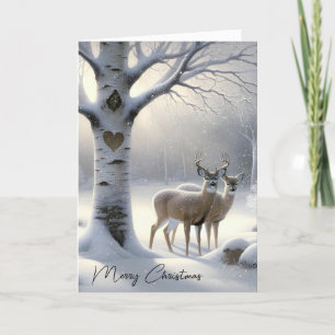 Tarjeta Festiva Navidades de ciervos parados por un árbol de birch
