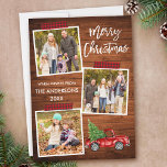 Tarjeta Festiva Navidades de Cinta Cinta Cinta Cinta Cinta Cañada<br><div class="desc">La tarjeta navideña Merry Christmas 3 Collage de fotos con escritura de pincel moderno incluye cinta de artesanías rojas y camionetas de color de agua con árbol de Navidad. Madera rústica.</div>