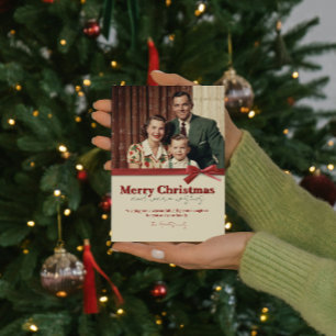 Tarjeta Festiva Navidades de Cinta Roja de la Familia Retro Vintag