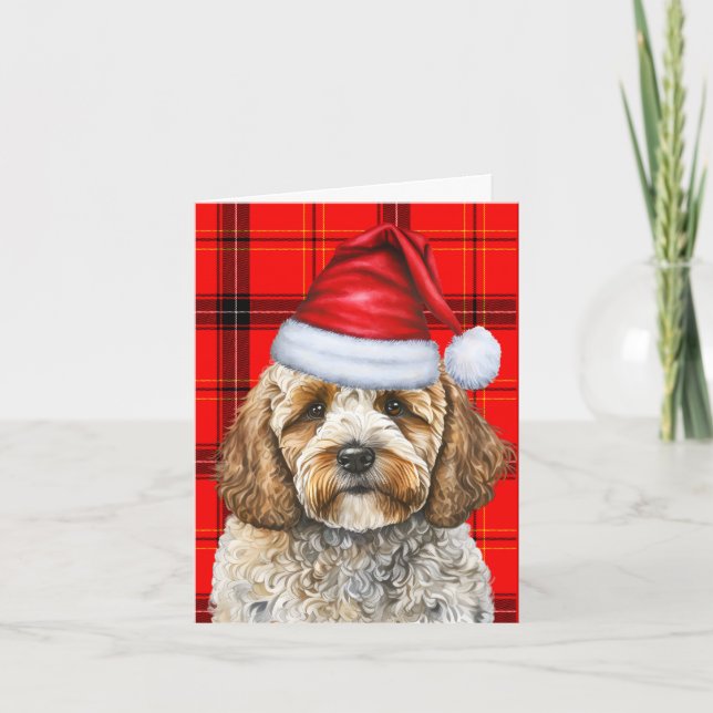 Tarjeta Festiva Navidades de Cockapoo Santa Dog Red Holiday (Anverso)