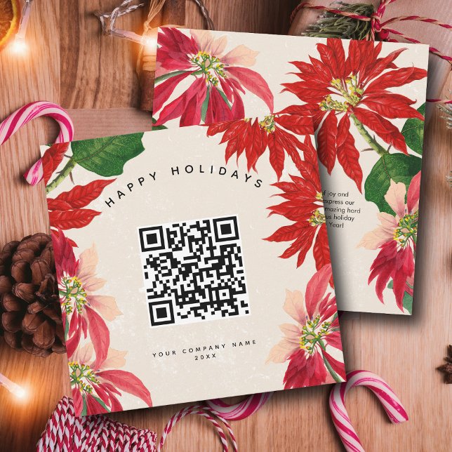 Tarjeta Festiva Navidades de código QR para empresas de Poinsettia (Poinsettia Corporate Business QR Code Christmas Holiday Card)