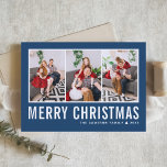 Tarjeta Festiva Navidades de Collage de fotos azul de la tipografí<br><div class="desc">Feliz Navidad! Envíe sus cálidos deseos esta temporada con esta tarjeta de Navidades de collage de fotos de personalizable. Presenta una tipografía simple con un fondo azul. Personalice agregando sus fotos, nombres, año y otros detalles. Esta moderna tarjeta de Navidad está disponible en otros colores y en el material de...</div>