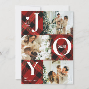Tarjeta Festiva Navidades de Collage de fotos Cute Joy Red Tartan 