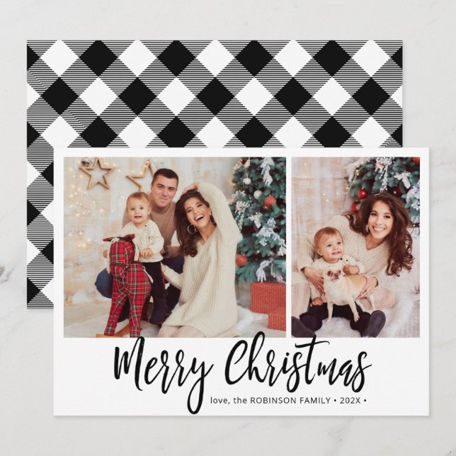Tarjeta Festiva Navidades de Collage de fotos de Buffalo Plaid Rus (Anverso / Reverso)