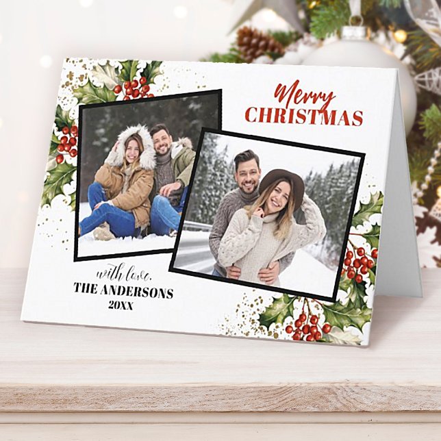 Tarjeta Festiva Navidades de Collage de fotos de Holly Berry moder (An elegant and festive 2 photo Christmas card. Personalize it for Christmas this year!)