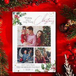 Tarjeta Festiva Navidades de collage de fotos de Holly Branches