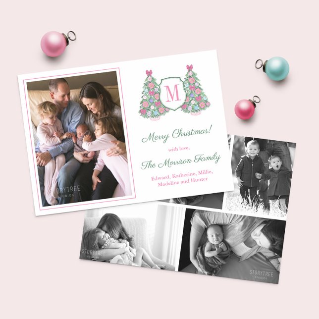 Tarjeta Festiva Navidades de Collage de fotos de monograma maximal (Vibrant monogram photo Christmas cards featuring a Holidays tree ornately decorated in jewel colors)