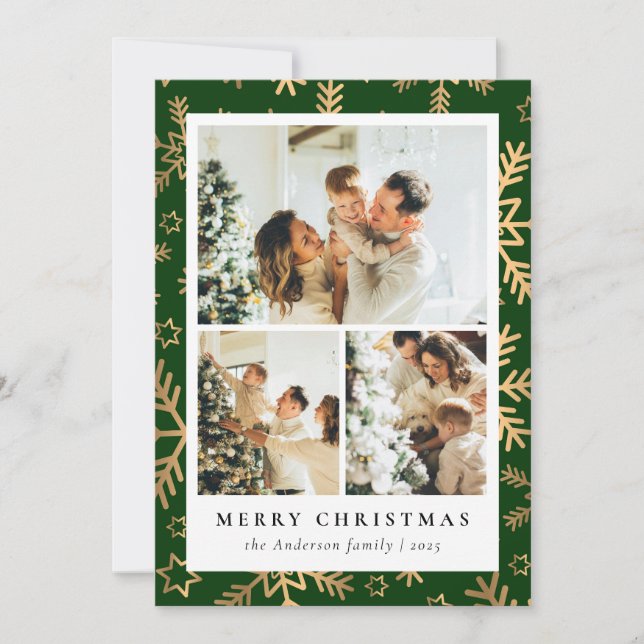 Tarjeta Festiva Navidades de Collage de fotos de oro verde clásico (Anverso)