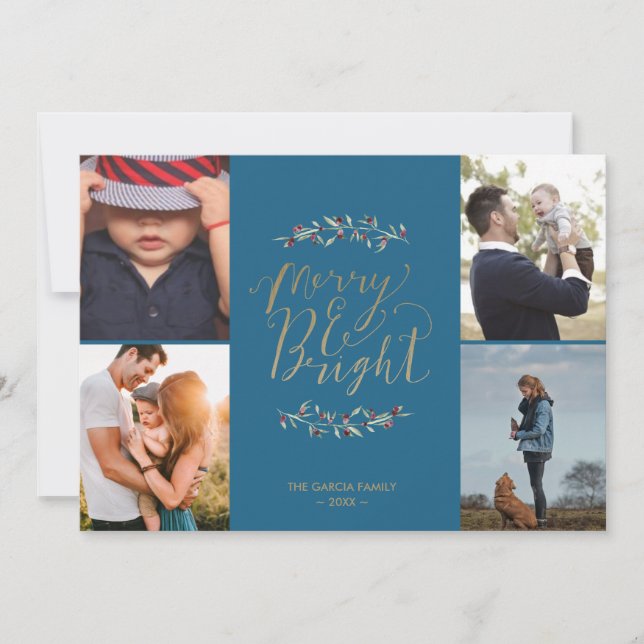 Tarjeta Festiva Navidades de Collage de fotos familiar Verde azula (Anverso)