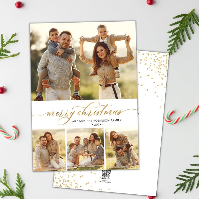 Tarjeta Festiva Navidades de Collage de fotos Gold Calligraphy Scr (Subido por el creador)