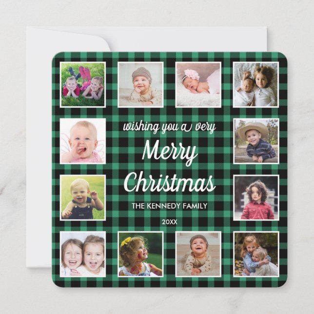Tarjeta Festiva Navidades de Collage de fotos Green Buffalo Plaid  (Anverso)