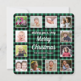 Tarjeta Festiva Navidades de Collage de fotos Green Buffalo Plaid 