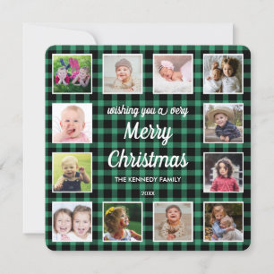 Tarjeta Festiva Navidades de Collage de fotos Green Buffalo Plaid 