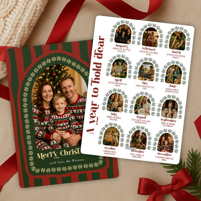 Tarjeta Festiva Navidades de Collage de fotos Mensual What A Year  (A Year in Review photo collage holiday card with retro fonts and a festive red + green stripe design)