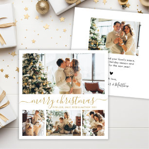 Tarjeta Festiva Navidades de Collage de fotos Modern Gold White 4