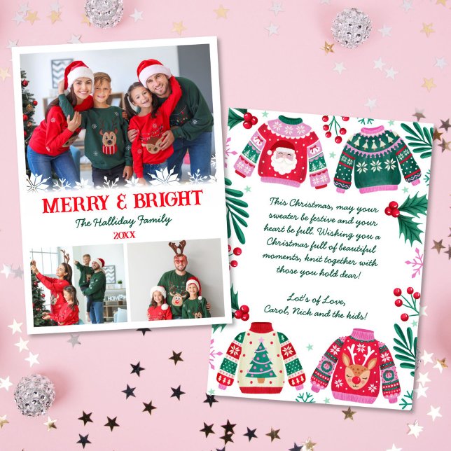 Tarjeta Festiva Navidades de Collage de fotos mora y brillante sué (3 Photo Collage Ugly Sweater Christmas Holiday Card)