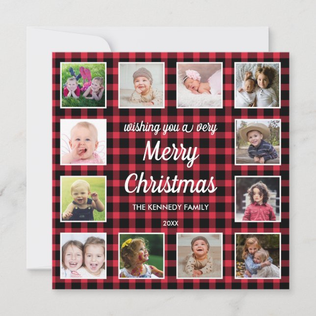 Tarjeta Festiva Navidades de Collage de fotos Red Buffalo Plaid 12 (Anverso)