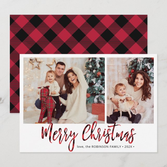 Tarjeta Festiva Navidades de Collage de fotos Red Buffalo Plaid 2 (Anverso / Reverso)