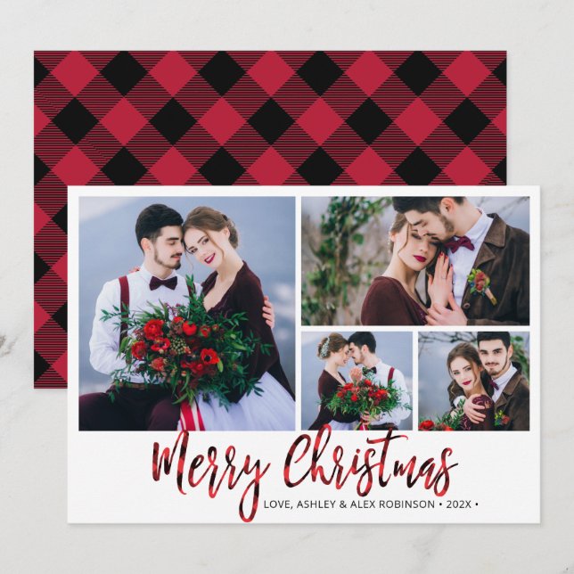 Tarjeta Festiva Navidades de Collage de fotos Red Buffalo Plaid 4 (Anverso / Reverso)