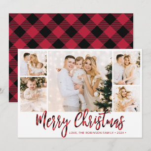 Tarjeta Festiva Navidades de Collage de fotos Red Buffalo Plaid 5