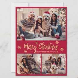Tarjeta Festiva Navidades de Collage de fotos Red y Gold de copos