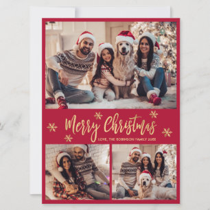 Tarjeta Festiva Navidades de Collage de fotos Red y Gold de copos 