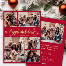 Tarjeta Festiva Navidades de Collage de fotos Red y Gold de copos