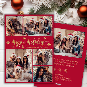 Tarjeta Festiva Navidades de Collage de fotos Red y Gold de copos