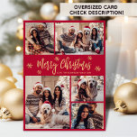 Tarjeta Festiva Navidades de Collage de fotos Red y Gold de copos<br><div class="desc">Moderno y elegante caligrafía elegante Rojo y copo de nieve de oro 5 Collages de fotos Feliz Navidad Script Tarjeta de vacaciones. POR FAVOR, TENGA EN CUENTA QUE ESTAS TARJETAS DE TAMAÑO DE 6, 5" X 8, 75" SON MÁS GRANDES QUE LA MEDIA, DEBIDO AL MAYOR TAMAÑO DE LA TARJETA,...</div>