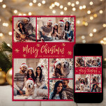 Tarjeta Festiva Navidades de Collage de fotos Red y Gold de copos<br><div class="desc">Elegante moderna caligrafía simple rojo y copo de nieve dorado 5 Collages de fotos Feliz Navidad Script tarjeta de vacaciones. Esta festividad, minimalista, plantilla de cinco (5) fotos de tarjetas de felicitación navideña presenta un collage de fotos de la bonito, un copo de nieve y dice "¡Feliz Navidad!" El caprichoso...</div>