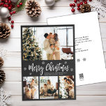 Tarjeta Festiva Navidades de Collage de fotos Rustic Chalkboard 4<br><div class="desc">Rústico Mínimo Chalkboard Snowflake 4 Collages de fotos Merry Christmas Script Tarjeta de vacaciones. Esta festividad, minimalista, (4) plantilla de cuatro tarjetas de festividad fotográfica incluye un collage de fotos de bonito, un copo de nieve y dice ¡Feliz Navidad! El texto de bienvenida de "Feliz Navidad" está escrito en un...</div>