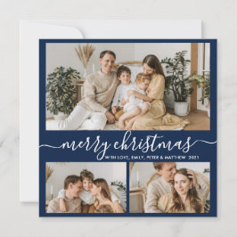 Tarjeta Festiva Navidades de Collage de fotos Simple Navy White 3