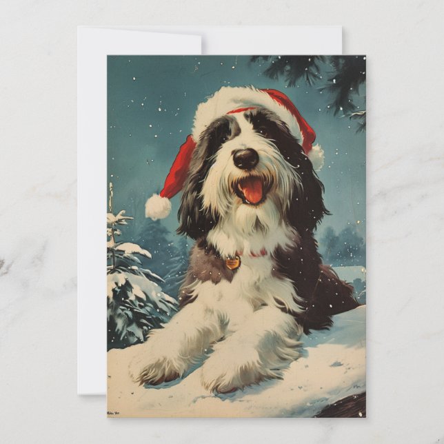 Tarjeta Festiva Navidades de Collie con barba (Anverso)