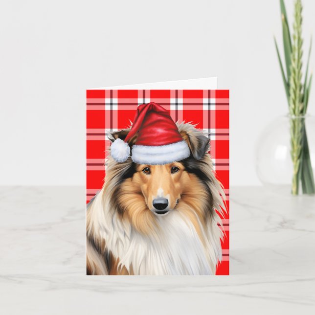 Tarjeta Festiva Navidades de Collie Perro Navidades de Red Plaid (Anverso)