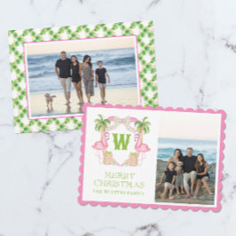 Tarjeta Festiva Navidades de color de agua rosado Flamingo Monogra