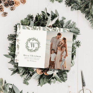 Tarjeta Festiva Navidades de color de agua verde monograma