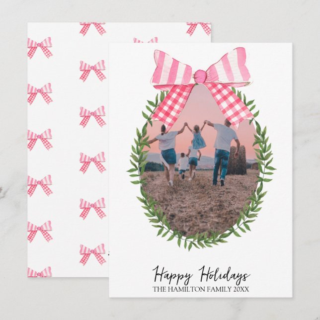 Tarjeta Festiva Navidades de color rosa Coquette Wreath Photo (Anverso / Reverso)