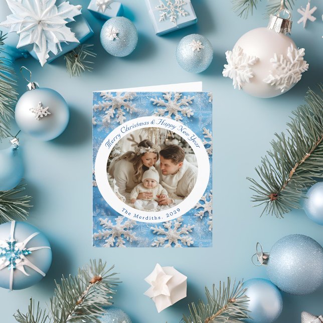 Tarjeta Festiva Navidades de copo de nieve azul cutáneo (Vintage Blue Snowflake Christmas Card)