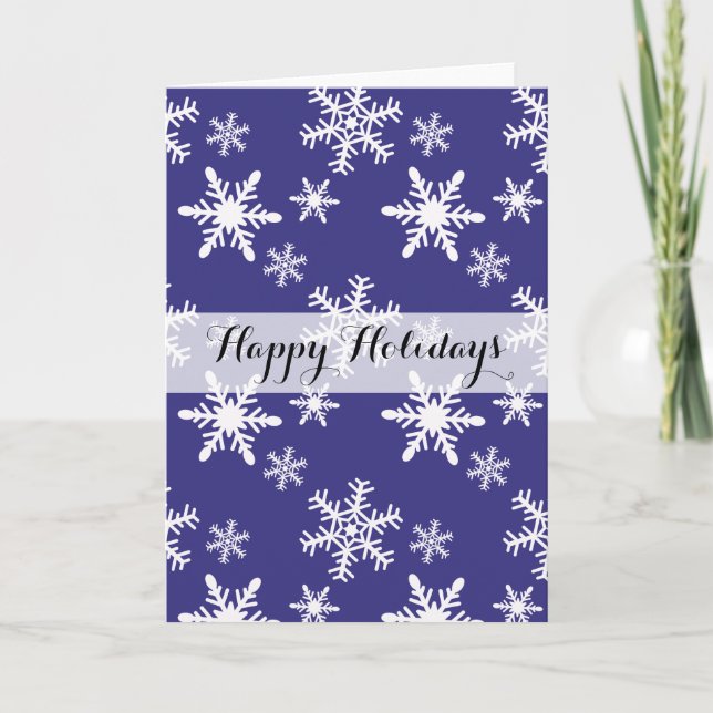 Tarjeta Festiva Navidades de copos de nieve morados blancos (Anverso)