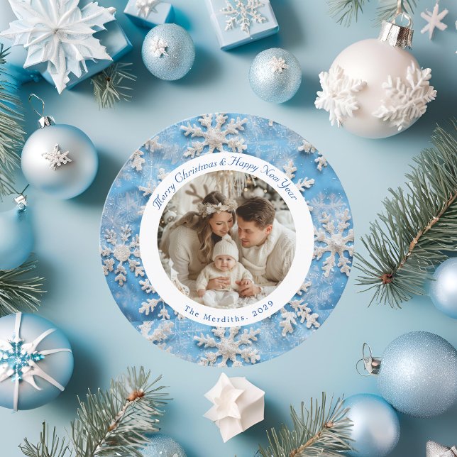 Tarjeta Festiva Navidades de copos de nieve redondos y azules (Cute Round Blue Snowflake Card)