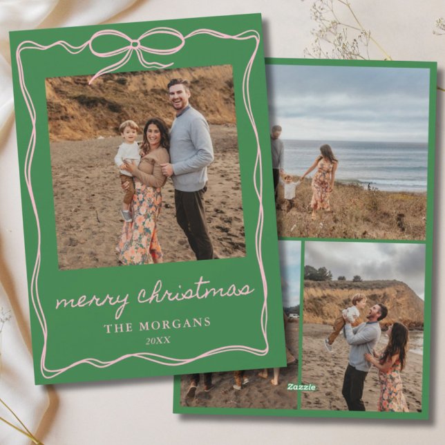 Tarjeta Festiva Navidades de Coquette Bow verdes y rosas para la f (Green & Pink Coquette Bow Christmas 4 Photo Family Holiday Card
)