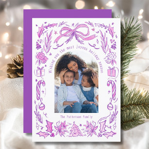 Tarjeta Festiva Navidades de Coquette Foto Doodle Rosa Morado