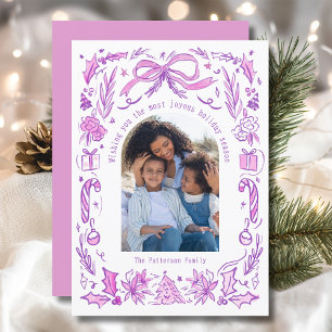 Tarjeta Festiva Navidades de Coquette Foto Doodle Rosa Morado