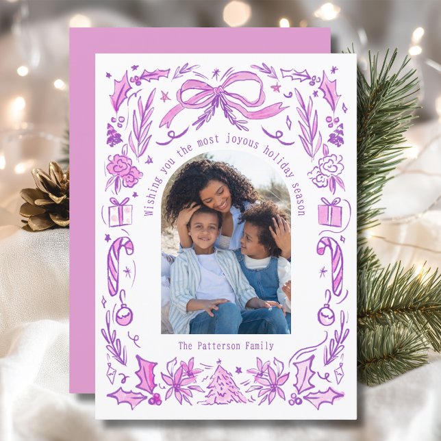 Tarjeta Festiva Navidades de Coquette Foto Doodle Rosa Morado (Subido por el creador)